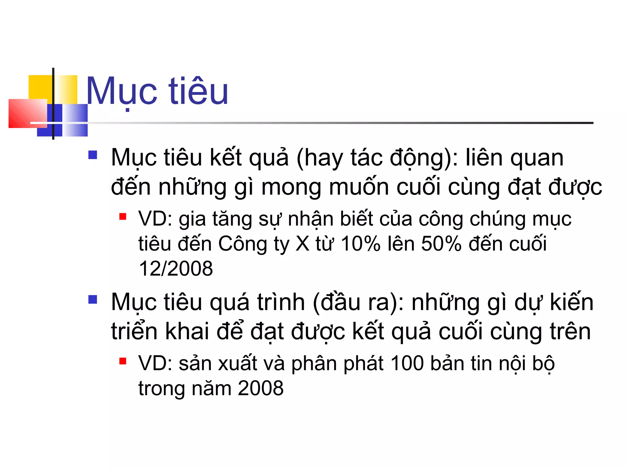 Mục tiêu


Mục tiêu kết quả (hay tác động): liên quan
đến những gì mong muốn cuối cùng đạt được




VD: gia tăng sự nhận biết của công chúng mục
tiêu đến Công ty X từ 10% lên 50% đến cuối
12/2008

Mục tiêu quá trình (đầu ra): những gì dự kiến
triển khai để đạt được kết quả cuối cùng trên


VD: sản xuất và phân phát 100 bản tin nội bộ
trong năm 2008

 
