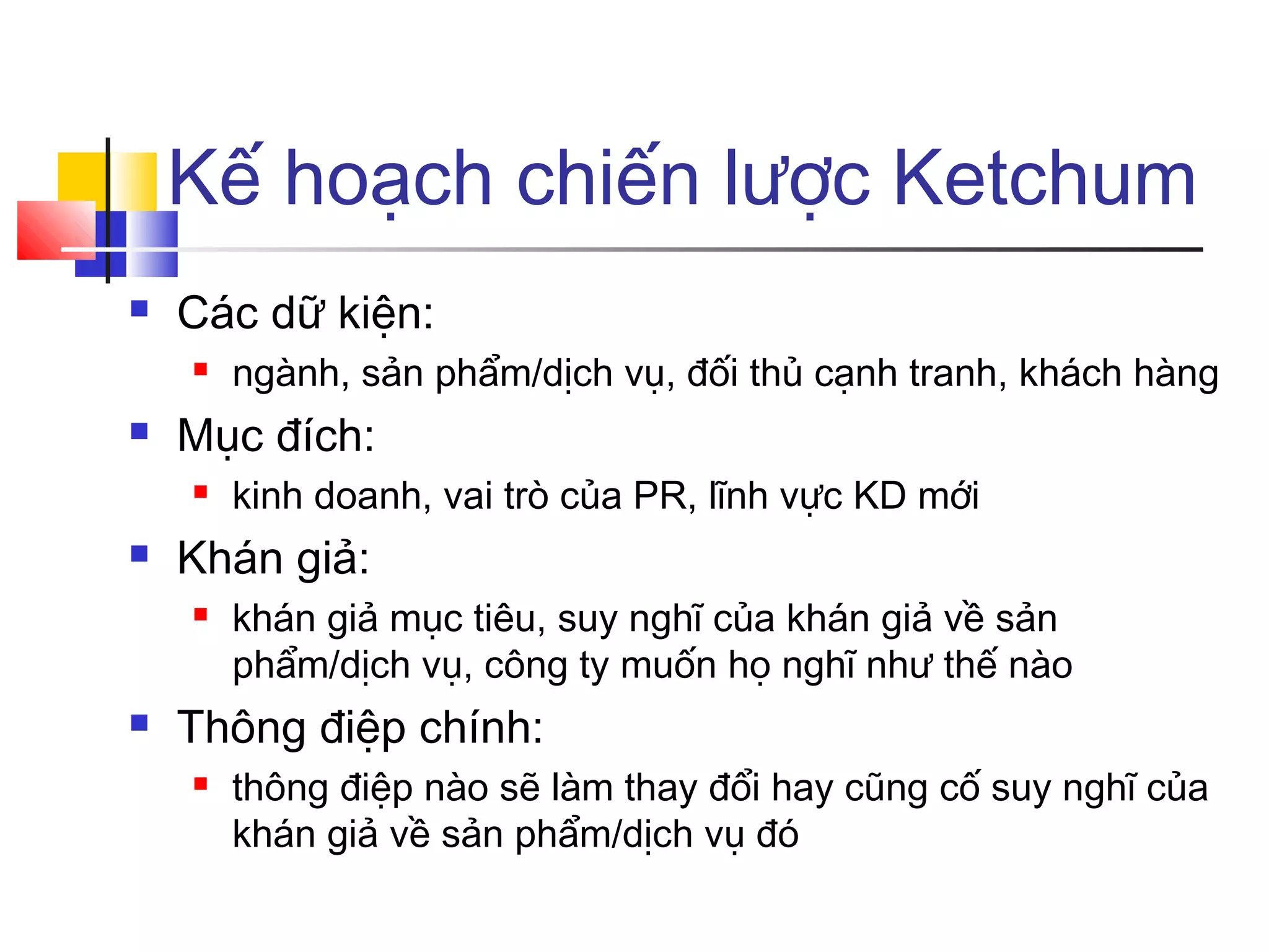 Kế hoạch chiến lược Ketchum


Các dữ kiện:




Mục đích:




kinh doanh, vai trò của PR, lĩnh vực KD mới

Khán giả:




ngành, sản phẩm/dịch vụ, đối thủ cạnh tranh, khách hàng

khán giả mục tiêu, suy nghĩ của khán giả về sản
phẩm/dịch vụ, công ty muốn họ nghĩ như thế nào

Thông điệp chính:


thông điệp nào sẽ làm thay đổi hay cũng cố suy nghĩ của
khán giả về sản phẩm/dịch vụ đó

 