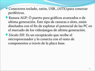 Conectores teclado, ratón, USB…(ATX):para conectar
 periféricos.
Ranura AGP: Ó puerto para gráficos avanzados o de
 ultima generación. Este tipo de ranuras o slots, están
 diseñados con el fin de explotar el potencial de las PC en
 el mercado de los videojuegos de ultima generación.
Zócalo ZIF: Es un receptáculo que recibe el
 microprocesador y lo conecta con el resto de
 componentes a través de la placa base.




                                                         4
 