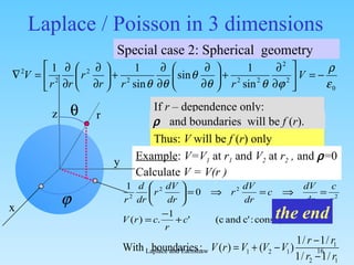 Laplace / Poisson in 3 dimensions Special case 2: Spherical  geometry If  r –  dependence only:    and boundaries   will be  f  ( r ).   Thus:  V  will be  f  ( r ) only Example :  V=V 1   at  r 1   and  V 2   at  r 2  ,  and   =0 Calculate  V = V(r ) the   end z r x y   