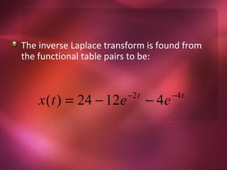 The inverse Laplace transform is found from
the functional table pairs to be:


                         −2 t          −4 t
    x (t ) = 24 − 12e           − 4e
 