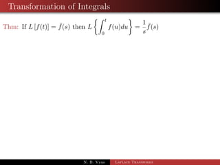 Examples of Transformation of Derivatives 
Ex. Derive the Laplace transform of sin at and cos at 
N. B. Vyas Laplace Transforms 
 