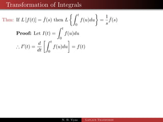 Examples of Transformation of Derivatives 
Ex. Derive the Laplace transform of sin at and cos at 
Ex. Obtain Lftng from L(1) = 
1 
s 
Ex. Find L(t sin at) 
N. B. Vyas Laplace Transforms 
 