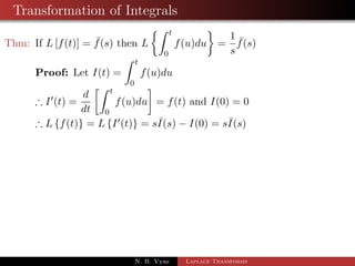 Transformation of Integrals 
Thm: If L[f(t)] =  f(s) then L 
Z t 
0 
 
f(u)du 
= 
1 
s 
 f(s) 
N. B. Vyas Laplace Transforms 
 