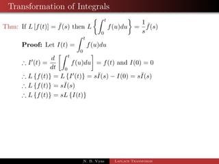 Transformation of Integrals 
Thm: If L[f(t)] =  f(s) then L 
Z t 
0 
 
f(u)du 
= 
1 
s 
 f(s) 
Proof: Let I(t) = 
Z t 
0 
f(u)du 
) I0(t) = 
d 
dt 
Z t 
0 
 
= f(t) 
f(u)du 
N. B. Vyas Laplace Transforms 
 