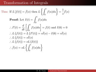 Transformation of Integrals 
Thm: If L[f(t)] =  f(s) then L 
Z t 
0 
 
f(u)du 
= 
1 
s 
 f(s) 
Proof: Let I(t) = 
Z t 
0 
f(u)du 
) I0(t) = 
d 
dt 
Z t 
0 
 
= f(t) and I(0) = 0 
f(u)du 
N. B. Vyas Laplace Transforms 
 