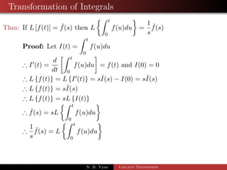 Transformation of Integrals 
Thm: If L[f(t)] =  f(s) then L 
Z t 
0 
 
f(u)du 
= 
1 
s 
 f(s) 
Proof: Let I(t) = 
Z t 
0 
f(u)du 
) I0(t) = 
d 
dt 
Z t 
0 
 
= f(t) and I(0) = 0 
f(u)du 
) Lff(t)g = LfI0(t)g = sI(s)  I(0) = sI(s) 
N. B. Vyas Laplace Transforms 
 