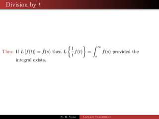 Examples of Laplace transform when tn is in 
multiplication 
1 L 
 
t2eat 
	 
2 L 
 
t3e3t 
	 
3 Lftcos atg 
N. B. Vyas Laplace Transforms 
 