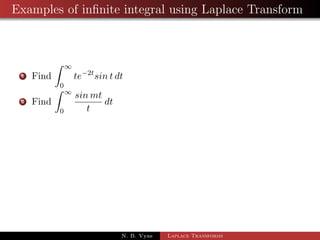 Examples of Laplace Transform when t is in division 
1 L 
 
sin t 
t 
 
2 L 
 
1  cos 2t 
t 
 
3 L 
 
eat  ebt 
t 
 
4 L 
 
cos 2t  cos 3t 
t 
 
5 L 
 
1  et 
t 
 
N. B. Vyas Laplace Transforms 
 