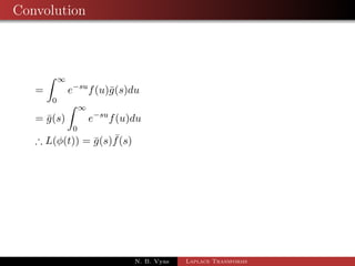 Convolution 
Proof: Let (t) = 
Z t 
0 
f(u)g(t  u) du 
N. B. Vyas Laplace Transforms 
 