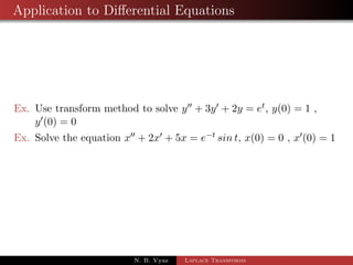 Convolution 
Proof: Let (t) = 
Z t 
0 
f(u)g(t  u) du 
then L((t)) = 
Z 1 
0 
est 
Z t 
0 
 
dt 
f(u)g(t  u) du 
= 
Z 1 
0 
Z t 
0 
estf(u)g(t  u) du dt 
The region integration for this double integration is entire area 
lying between the lines u = 0 and u = t. On changing the order 
of integration, Z we get 
1 
L((t)) = 
0 
Z 1 
u 
estf(u)g(t  u) dt du 
= 
Z 1 
0 
esuf(u) 
Z 1 
u 
 
du 
est+sug(t  u) dt 
= 
Z 1 
0 
esuf(u) 
Z 1 
u 
 
du 
es(tu)g(t  u) dt 
= 
Z 1 
0 
esuf(u) 
Z 1 
u 
esvg(v) dv 
 
du, Putting t  u = v 
N. B. Vyas Laplace Transforms 
 