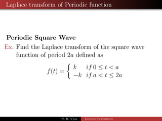 Convolution 
= 
Z 1 
0 
esuf(u)g(s)du 
= g(s) 
Z 1 
0 
esuf(u)du 
N. B. Vyas Laplace Transforms 
 