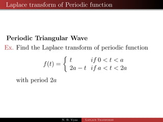Convolution 
= 
Z 1 
0 
esuf(u)g(s)du 
= g(s) 
Z 1 
0 
esuf(u)du 
) L((t)) = g(s)  f(s) 
N. B. Vyas Laplace Transforms 
 
