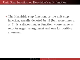 Convolution 
= 
Z 1 
0 
esuf(u)g(s)du 
= g(s) 
Z 1 
0 
esuf(u)du 
) L((t)) = g(s) f(s) 
  
L1 
g(s) f(s) 
 	 
= (t) = 
Z t 
0 
f(u)g(t  u) du 
N. B. Vyas Laplace Transforms 
 