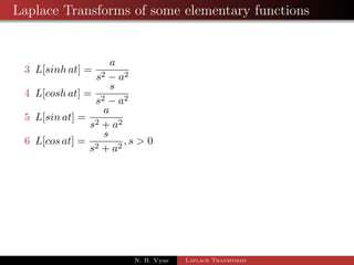 Laplace Transforms of some elementary functions 
3 L[sinh at] = 
a 
s2  a2 
N. B. Vyas Laplace Transforms 
 