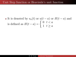 Examples of Convolution theorem 
Apply convolution theorem to evaluate: 
Ex. L1 
 
1 
s2(s  1) 
 
Ex. L1 
 
s 
(s2 + 4)2 
 
N. B. Vyas Laplace Transforms 
 