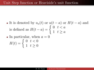 Examples of Convolution theorem 
Apply convolution theorem to evaluate: 
Ex. L1 
 
1 
s2(s  1) 
 
Ex. L1 
 
s 
(s2 + 4)2 
 
Ex. L1 
 
1 
(s + a)(s + b) 
 
N. B. Vyas Laplace Transforms 
 