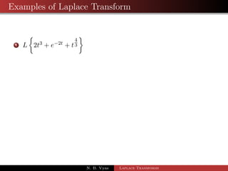 Laplace Transforms of some elementary functions 
7 L[tn] = 
(n + 1) 
sn+1 
= 
n! 
sn+1 ; n = 0; 1; 2; ::: 
cor.1 If n = 0, L[1] = 
1 
s 
cor.2 If n =  
1 
2 
N. B. Vyas Laplace Transforms 
 