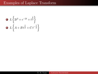 Laplace Transforms of some elementary functions 
7 L[tn] = 
(n + 1) 
sn+1 
= 
n! 
sn+1 ; n = 0; 1; 2; ::: 
cor.1 If n = 0, L[1] = 
1 
s 
cor.2 If n =  
1 
2 
L 
 
t1 
2 
 
= 
(1 
) 
2 1 
s 
2 
= 
r 
 
s 
N. B. Vyas Laplace Transforms 
 