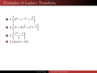 Examples of Laplace Transform 
1 L 
 
2t3 + e2t + t 
4 
3 
 
N. B. Vyas Laplace Transforms 
 