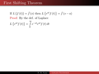 Examples of Laplace Transform 
1 L 
 
2t3 + e2t + t 
4 
3 
 
2 L 
 
A + B t 
1 
2 + C t 
1 
2 
 
3 L 
 
eat  1 
a 
 
4 Lfsin(at + b)g 
5 Lfsin 2t cos 3tg 
6 L 
 
cos24t 
	 
7 L 
 
cos32t 
	 
N. B. Vyas Laplace Transforms 
 