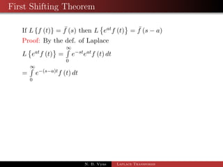 First Shifting Theorem 
If Lff (t)g =  f (s) then L 
 
eatf (t) 
	 
=  f (s  a) 
N. B. Vyas Laplace Transforms 
 