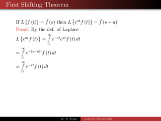 First Shifting Theorem 
If Lff (t)g =  f (s) then L 
 
eatf (t) 
	 
=  f (s  a) 
Proof: By the def. of Laplace 
N. B. Vyas Laplace Transforms 
 