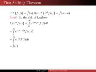 First Shifting Theorem 
If Lff (t)g =  f (s) then L 
 
eatf (t) 
	 
=  f (s  a) 
Proof: By the def. of Laplace 
 
	 
1R 
L 
eatf (t) 
= 
0 
esteatf (t) dt 
N. B. Vyas Laplace Transforms 
 
