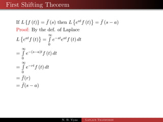 First Shifting Theorem 
If Lff (t)g =  f (s) then L 
 
eatf (t) 
	 
=  f (s  a) 
Proof: By the def. of Laplace 
 
	 
1R 
L 
eatf (t) 
= 
0 
esteatf (t) dt 
= 
1R 
0 
e(sa)tf (t) dt 
N. B. Vyas Laplace Transforms 
 