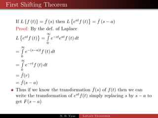 First Shifting Theorem 
If Lff (t)g =  f (s) then L 
 
eatf (t) 
	 
=  f (s  a) 
Proof: By the def. of Laplace 
 
	 
1R 
L 
eatf (t) 
= 
0 
esteatf (t) dt 
= 
1R 
0 
e(sa)tf (t) dt 
= 
1R 
0 
ertf (t) dt 
N. B. Vyas Laplace Transforms 
 