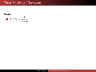 First Shifting Theorem 
If Lff (t)g =  f (s) then L 
 
eatf (t) 
	 
=  f (s  a) 
Proof: By the def. of Laplace 
 
	 
1R 
L 
eatf (t) 
= 
0 
esteatf (t) dt 
= 
1R 
0 
e(sa)tf (t) dt 
= 
1R 
0 
ertf (t) dt 
=  f(r) 
N. B. Vyas Laplace Transforms 
 