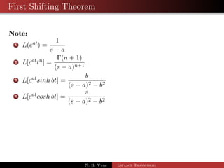First Shifting Theorem 
Note: 
1 L(eat) = 
1 
s  a 
N. B. Vyas Laplace Transforms 
 