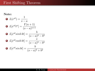 First Shifting Theorem 
Note: 
1 L(eat) = 
1 
s  a 
2 L[eattn] = 
(n + 1) 
(s  a)n+1 
N. B. Vyas Laplace Transforms 
 