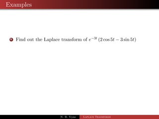 First Shifting Theorem 
Note: 
1 L(eat) = 
1 
s  a 
2 L[eattn] = 
(n + 1) 
(s  a)n+1 
3 L[eatsinh bt] = 
b 
(s  a)2  b2 
4 L[eatcosh bt] = 
s 
(s  a)2  b2 
N. B. Vyas Laplace Transforms 
 