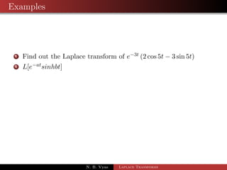 First Shifting Theorem 
Note: 
1 L(eat) = 
1 
s  a 
2 L[eattn] = 
(n + 1) 
(s  a)n+1 
3 L[eatsinh bt] = 
b 
(s  a)2  b2 
4 L[eatcosh bt] = 
s 
(s  a)2  b2 
5 L[eatsin bt] = 
b 
(s  a)2 + b2 
N. B. Vyas Laplace Transforms 
 