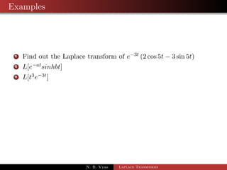 First Shifting Theorem 
Note: 
1 L(eat) = 
1 
s  a 
2 L[eattn] = 
(n + 1) 
(s  a)n+1 
3 L[eatsinh bt] = 
b 
(s  a)2  b2 
4 L[eatcosh bt] = 
s 
(s  a)2  b2 
5 L[eatsin bt] = 
b 
(s  a)2 + b2 
6 L[eatcos bt] = 
s  a 
(s  a)2 + b2 ; s  0 
N. B. Vyas Laplace Transforms 
 