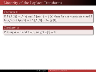 ned as 
L ff (t)g =  f (s) = 
Z1 
0 
estf (t) dt 
provided the integral exists where s is a parameter ( real or 
complex). 
N. B. Vyas Laplace Transforms 
 