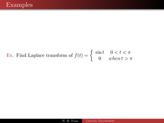 Examples 
1 Find out the Laplace transform of e3t (2 cos 5t  3 sin 5t) 
2 L[eatsinhbt] 
3 L[t3e3t] 
4 L[(t + 2)2et] 
5 L[etsin2t] 
N. B. Vyas Laplace Transforms 
 