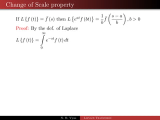 Examples 
Ex. Find Laplace transform of f(t) = 
 
sin t 0  t   
0 when t   
N. B. Vyas Laplace Transforms 
 