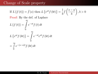 Change of Scale property 
If Lff (t)g =  f (s) then L 
 
eatf (bt) 
	 
= 
1 
b 
 f 
 
s  a 
b 
 
; b  0 
N. B. Vyas Laplace Transforms 
 