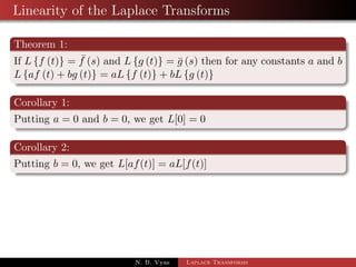 Laplace Transforms 
NOTATIONS: 
The original functions are denoted by lowercase letters such 
as f(t); g(t); ::: 
Laplace transforms by the same letters with bars such as 
 f(s)g(s); ::: 
N. B. Vyas Laplace Transforms 
 