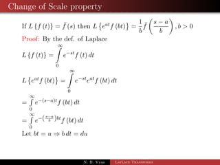 Change of Scale property 
If Lff (t)g =  f (s) then L 
 
eatf (bt) 
	 
= 
1 
b 
 f 
 
s  a 
b 
 
; b  0 
Proof: By the def. of Laplace 
Lff (t)g = 
1 Z 
0 
estf (t) dt 
N. B. Vyas Laplace Transforms 
 
