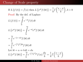Change of Scale property 
If Lff (t)g =  f (s) then L 
 
eatf (bt) 
	 
= 
1 
b 
 f 
 
s  a 
b 
 
; b  0 
Proof: By the def. of Laplace 
Lff (t)g = 
1 Z 
0 
estf (t) dt 
L 
 
eatf (bt) 
	 
= 
1 Z 
0 
esteatf (bt) dt 
= 
1R 
0 
e(sa)tf (bt) dt 
N. B. Vyas Laplace Transforms 
 