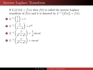 Inverse Laplace Transform 
If Lff (t)g = f  (s) then f(t) is called the inverse  
Laplace 
transform of f(s)  and it is denoted by L1 
f(s) 
 	 
= f (t) 
N. B. Vyas Laplace Transforms 
 