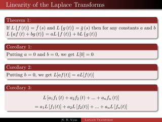 Linearity of the Laplace Transforms 
Theorem 1: 
If Lff (t)g =  f (s) and Lfg (t)g = g (s) then for any constants a and b 
Lfaf (t) + bg (t)g = aL ff (t)g + bL fg (t)g 
N. B. Vyas Laplace Transforms 
 