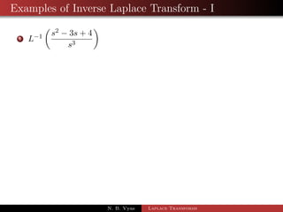 Inverse Laplace Transform 
If Lff (t)g = f  (s) then f(t) is called the inverse  
Laplace 
transform of f(s)  and it is denoted by L1 
f(s) 
 	 
= f (t) 
1 L1 
 
1 
s 
 
= 1 
2 L1 
 
1 
s  a 
 
= eat 
3 L1 
 
1 
s2 + a2 
 
= 
1 
a 
sin at 
4 L1 
 
s 
s2 + a2 
 
= cos at 
5 L1 
 
1 
s2  a2 
 
= 
1 
a 
sinh at 
6 L1 
 
s 
s2  a2 
 
= cosh at 
7 L1 
 
1 
sn 
 
= 
tn1 
(n  1)! 
N. B. Vyas Laplace Transforms 
 