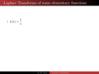 Linearity of the Laplace Transforms 
Theorem 1: 
If Lff (t)g =  f (s) and Lfg (t)g = g (s) then for any constants a and b 
Lfaf (t) + bg (t)g = aL ff (t)g + bL fg (t)g 
Corollary 1: 
Putting a = 0 and b = 0, we get L[0] = 0 
N. B. Vyas Laplace Transforms 
 