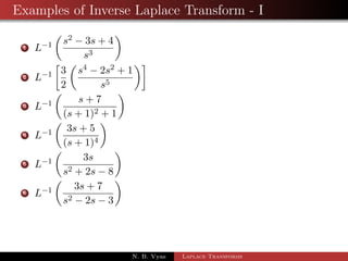 Examples of Inverse Laplace Transform - I 
1 L1 
 
s2  3s + 4 
s3 
 
2 L1 
 
3 
2 
 
s4  2s2 + 1 
s5 
 
N. B. Vyas Laplace Transforms 
 