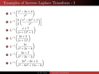 Examples of Inverse Laplace Transform - I 
1 L1 
 
s2  3s + 4 
s3 
 
2 L1 
 
3 
2 
 
s4  2s2 + 1 
s5 
 
3 L1 
 
s + 7 
(s + 1)2 + 1 
 
N. B. Vyas Laplace Transforms 
 