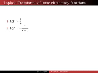 Linearity of the Laplace Transforms 
Theorem 1: 
If Lff (t)g =  f (s) and Lfg (t)g = g (s) then for any constants a and b 
Lfaf (t) + bg (t)g = aL ff (t)g + bL fg (t)g 
Corollary 1: 
Putting a = 0 and b = 0, we get L[0] = 0 
Corollary 2: 
Putting b = 0, we get L[af(t)] = aL[f(t)] 
N. B. Vyas Laplace Transforms 
 